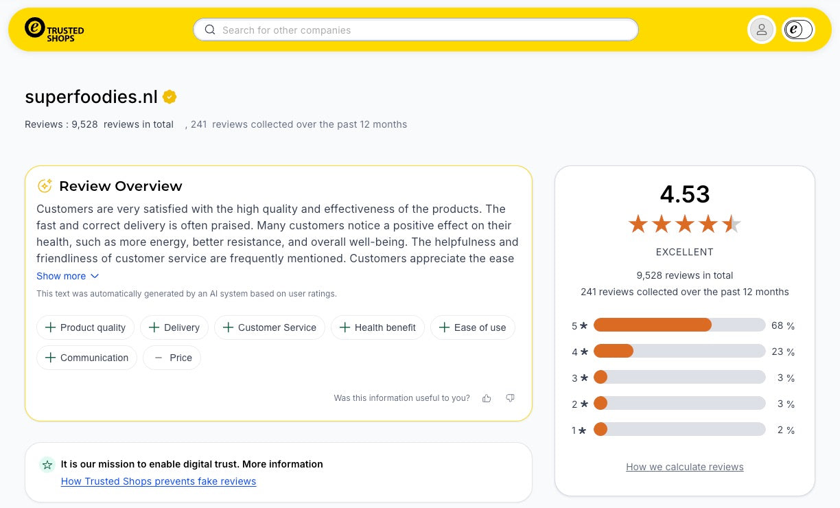 Trusted Shops review summary for superfoodies.nl: 4.53 out of 5, Excellent, from 9,528 reviews